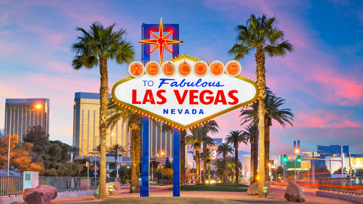 Las Vegas, Nevada, USA at the Welcome to Las Vegas Sign at dusk.