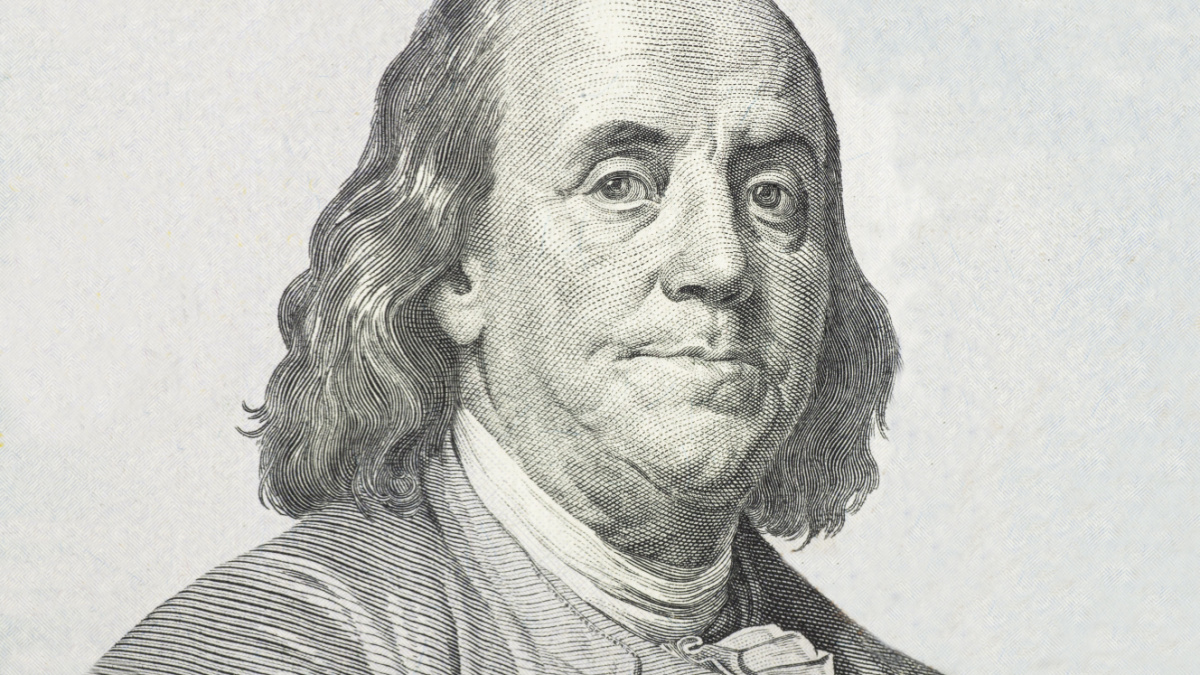 Close-up on Benjamin Franklin.