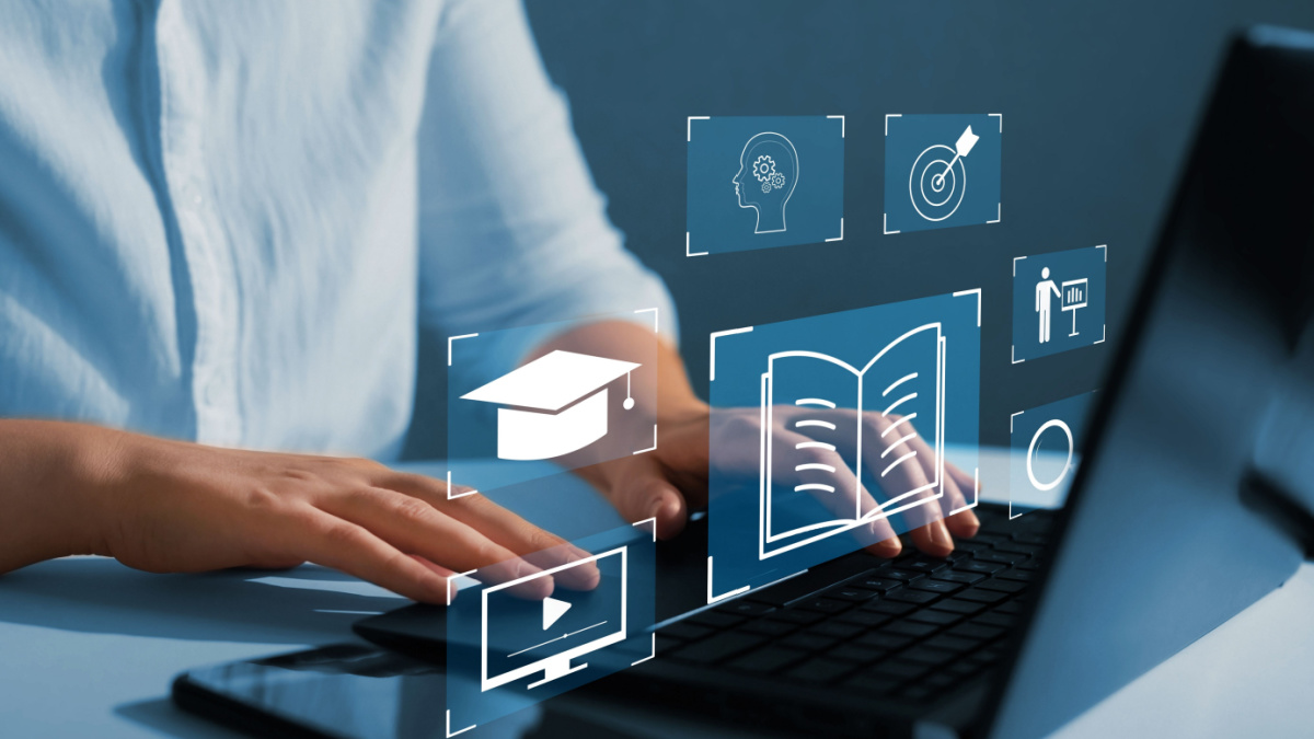 E-learning education, internet lessons and online webinar. Education internet Technology. Person who attends online lessons on a digital screen.