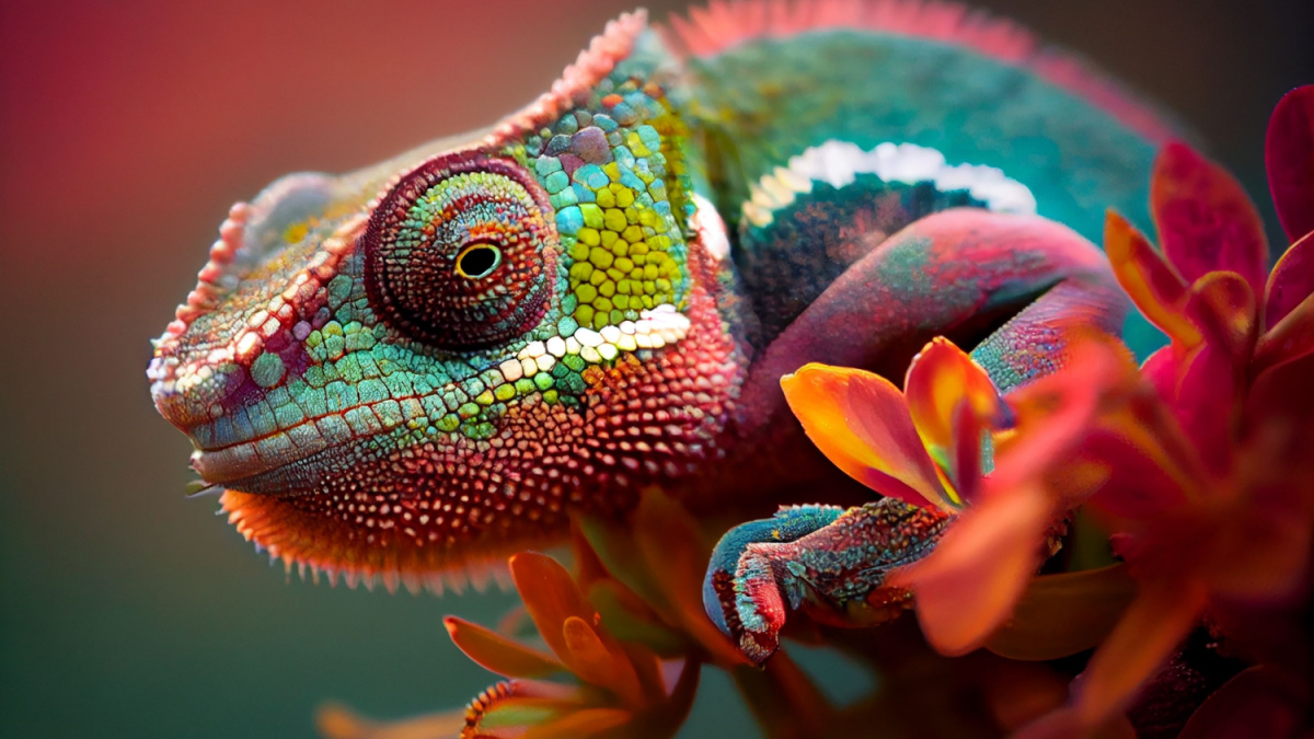 Chameleon on the flower. Beautiful extreme close-up.