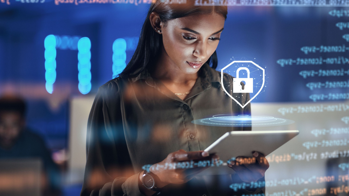 Tablet, lock security and woman in hologram for data safety, software, password or coding in information technology.