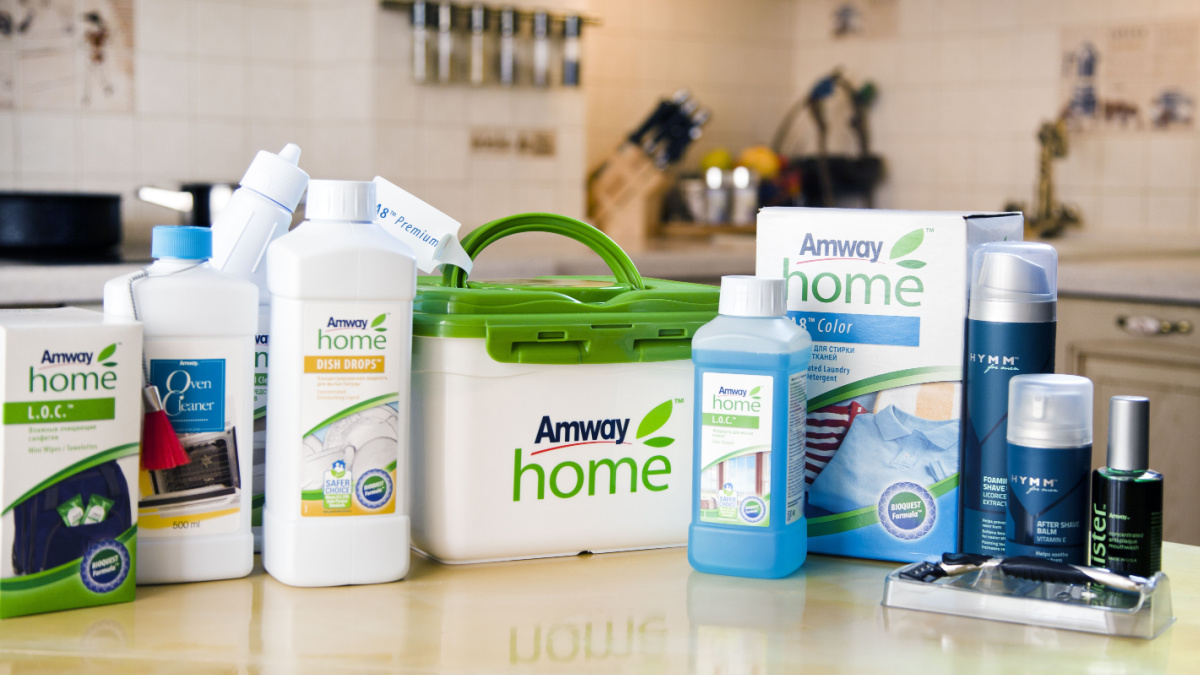Russia, Rostov on Don-July 2, 2017: Products for house cleaning, Multiple Amway laundry detergent,. Amway is an American company .