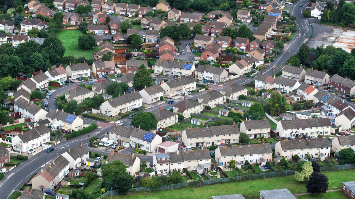Aerial views of houses.