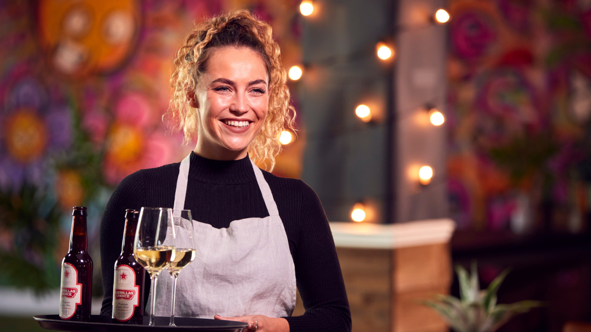New Remove BG Save Share Sample New Portrait Of Smiling Female Server Holding Tray Of Drinks.