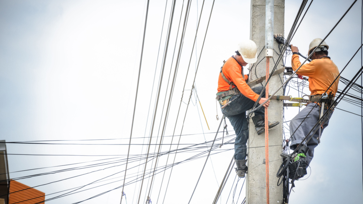 Electricians are climbing on electric poles to install and repair power lines.