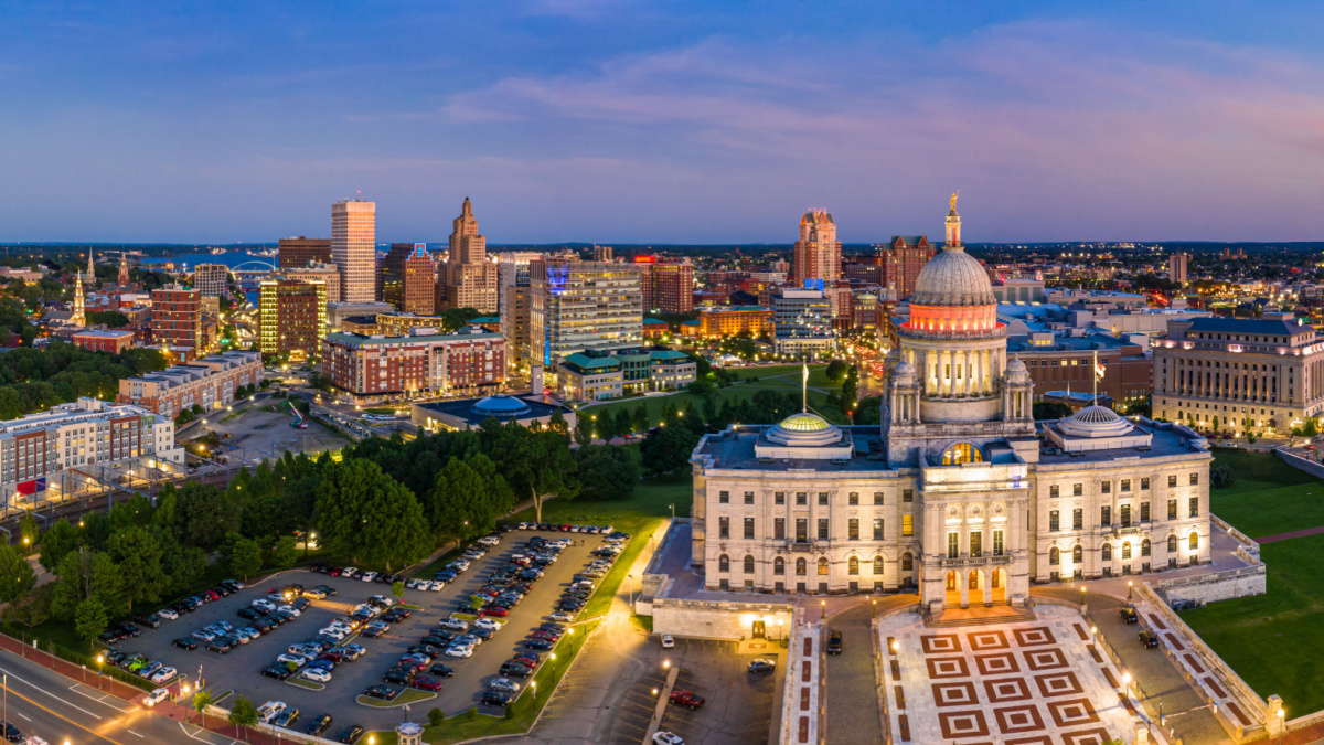 Aerial panorama of Providence skyline and Rhode Island capitol building at dusk. Providence is the capital city of the U.S. state of Rhode Island. Founded in 1636 is one of the oldest cities in USA.