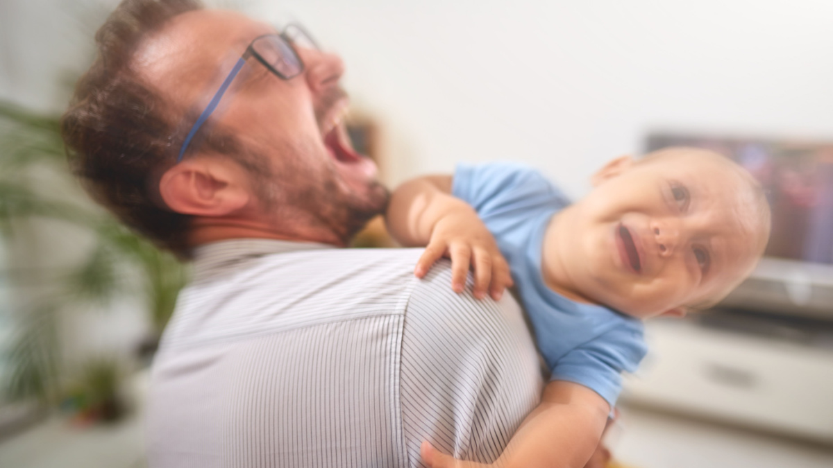 Single dad going nuts at home with a baby.