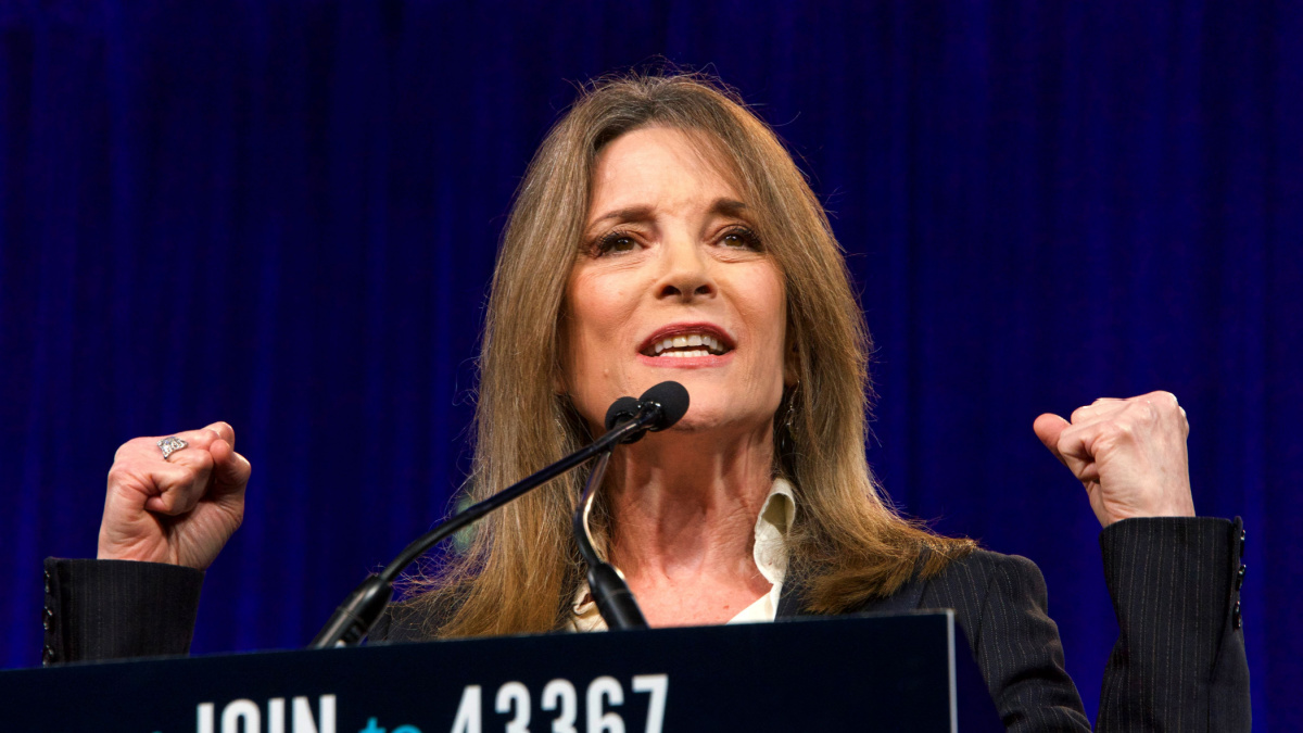 Presidential candidate Marianne Williamson speaking at the Democratic National Convention summer session in San Francisco, California.