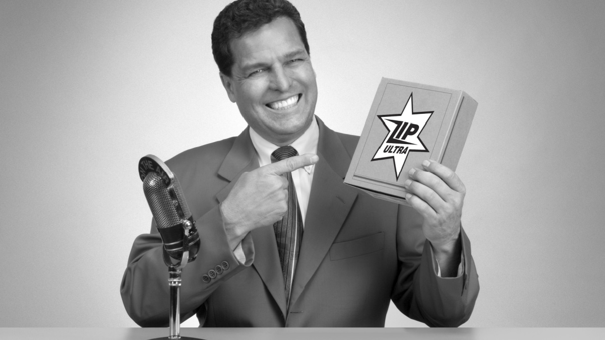 Retro pitch man in black and white from a 1950's era TV commercial.