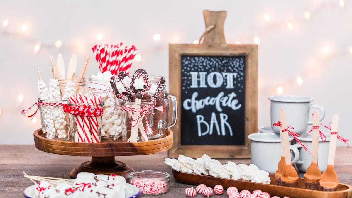 Hot chocolate station with variety of toppings.