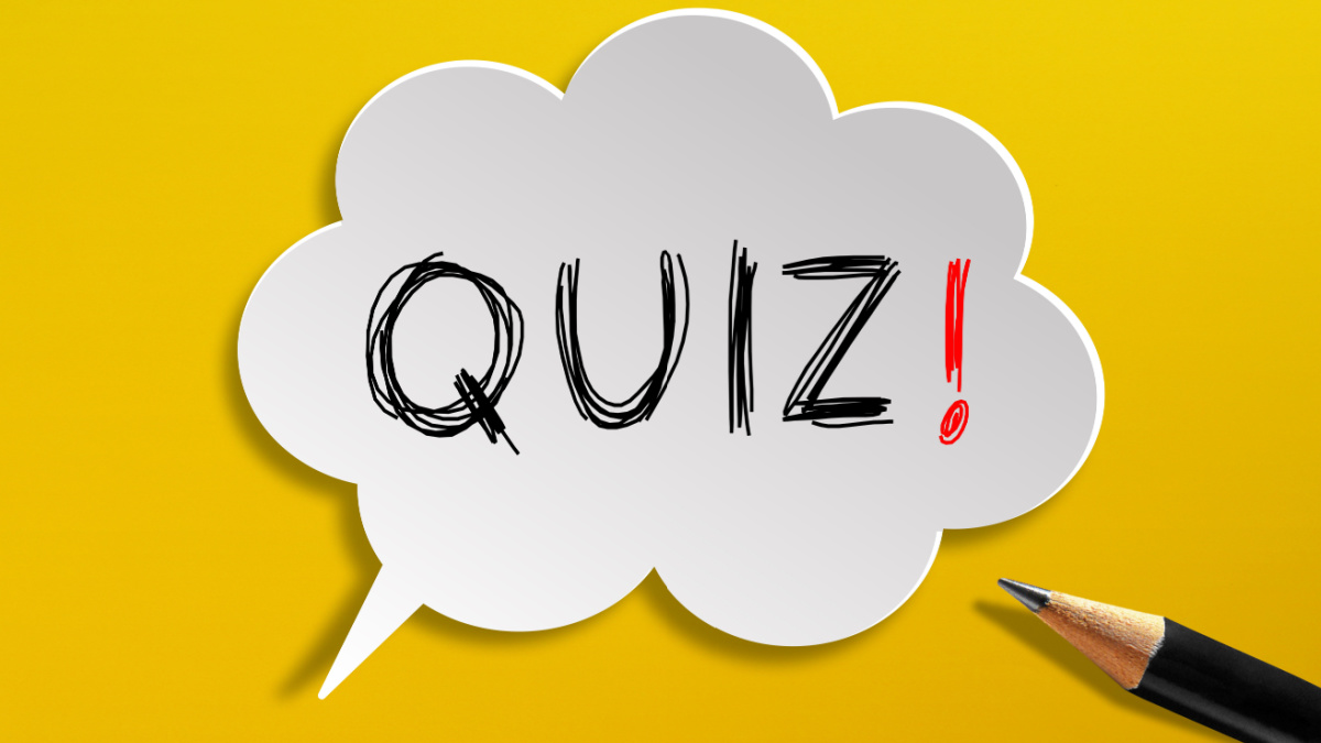 Quiz time concept, speech bubble with pencil on yellow background.