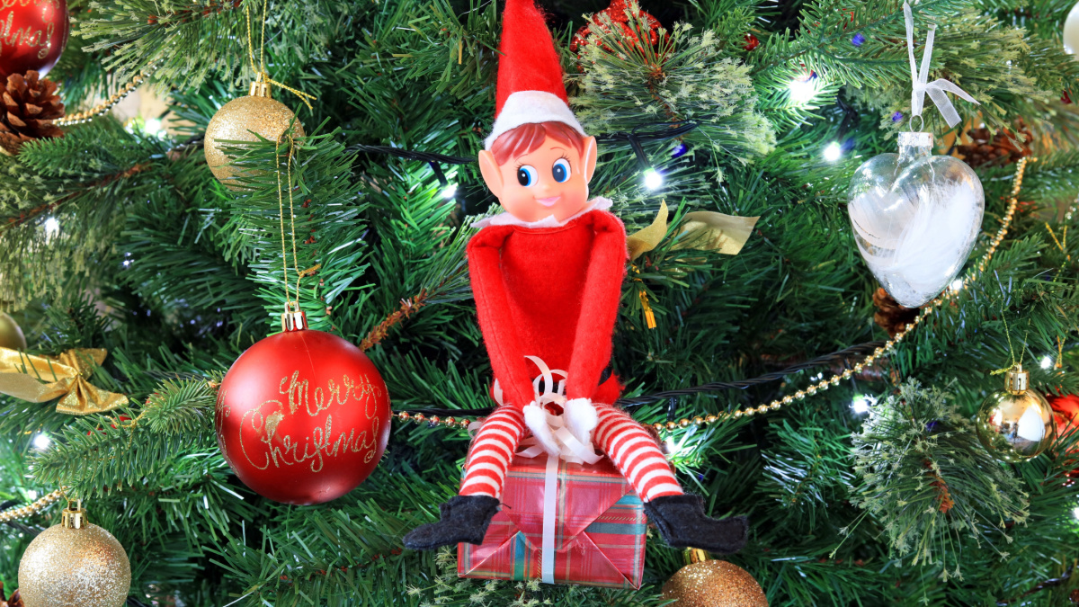 Naughty Christmas Elf Sat On A Present Up To Mischief.