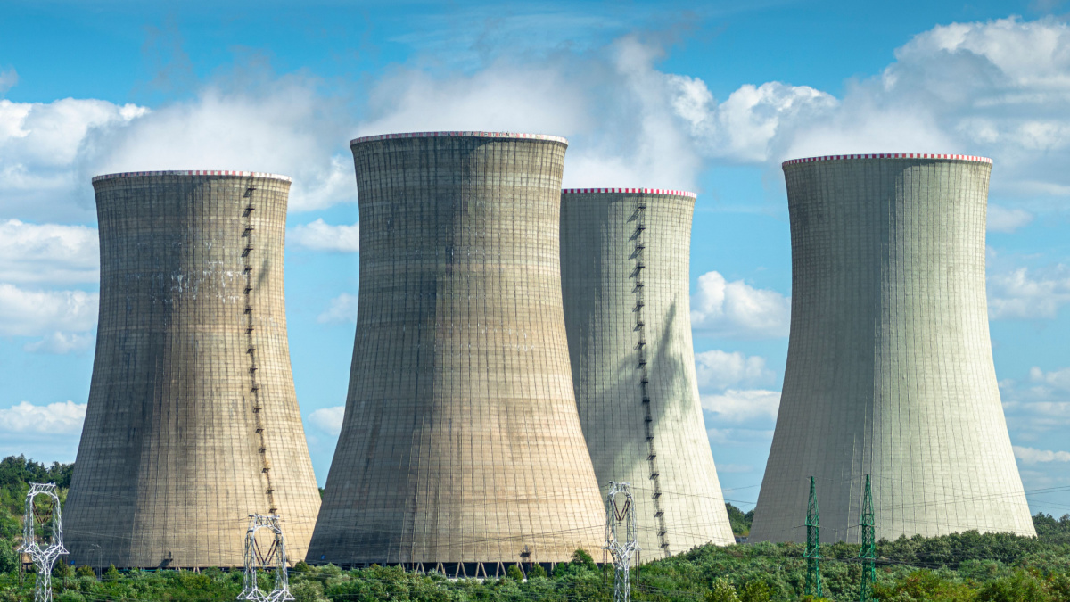 Cooling towers of nuclear power plant Mochovce with cloudy sky in the background. Nuclear power station.