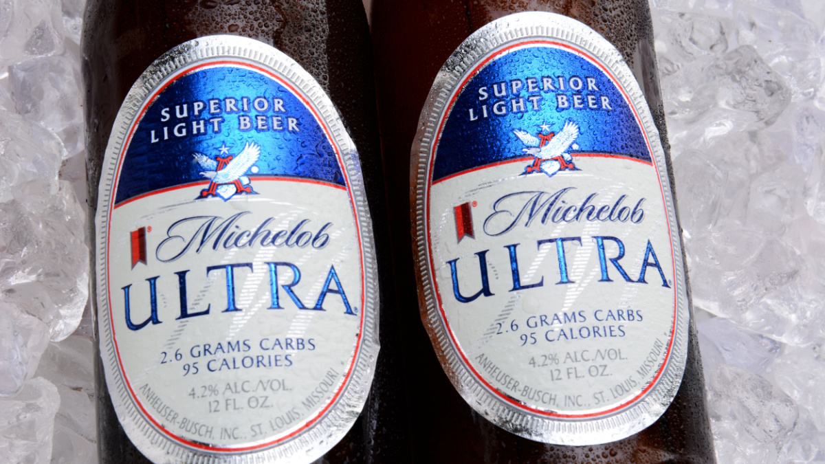 Two bottles of Michelob Ultra on a bed of ice. Introduced in 2002 Michelob Ultra is a light beer with reduced calories and carbohydrates, from Anheuser-Busch.
