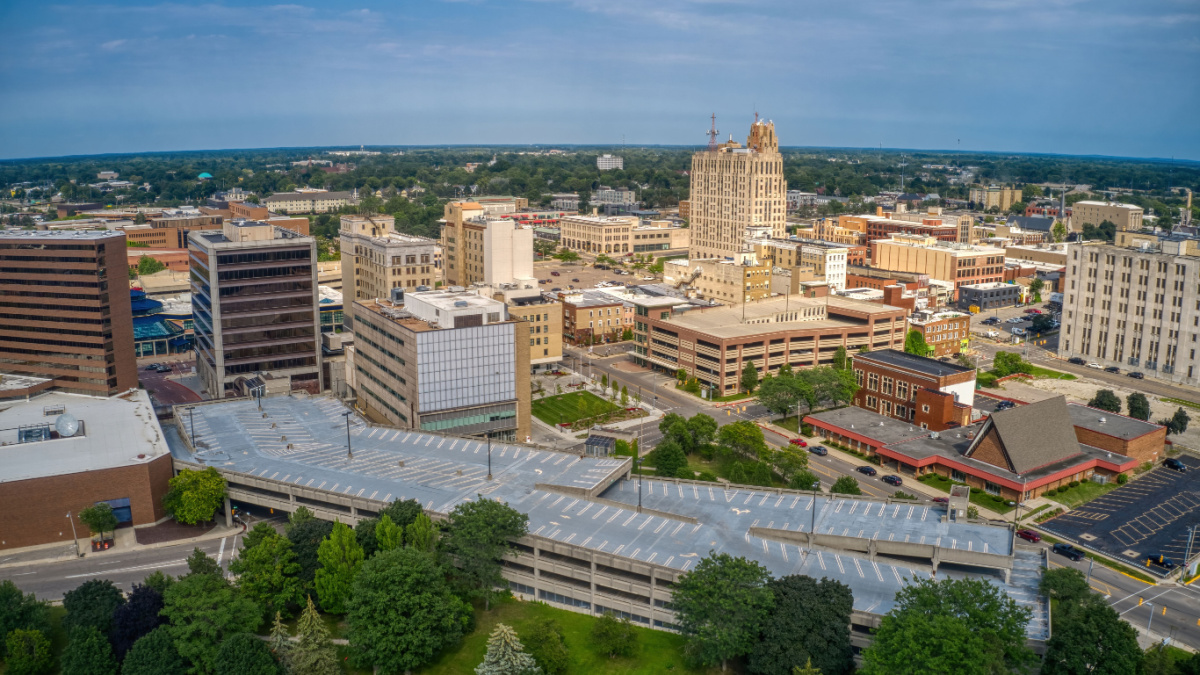 Aerial View of Downtown Flint, Michigan in Summer.