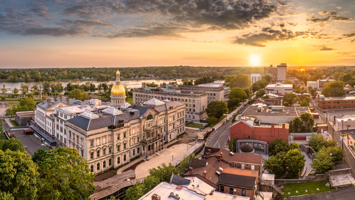 Aerial panorama of Trenton New Jersey skyline amd state capitol at sunset. Trenton is the capital city of the U.S. state of New Jersey and the county seat of Mercer County.