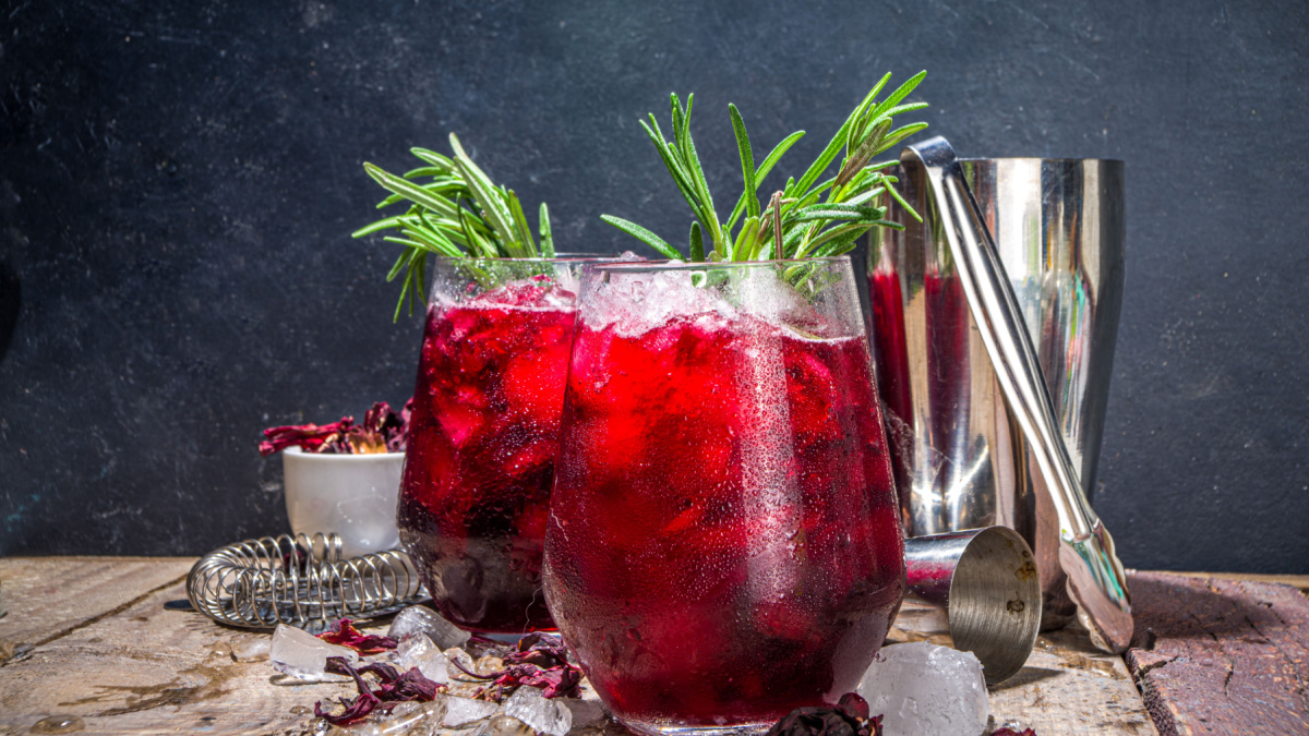Cold autumn winter hibiscus cocktail with rosemary and crushed ice.