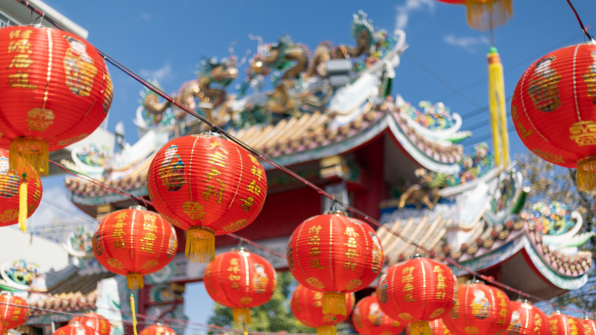 Chinese new year lantern in chinatown area. Chinese alphabet Daji dali on Lantern meaning profitable trade.