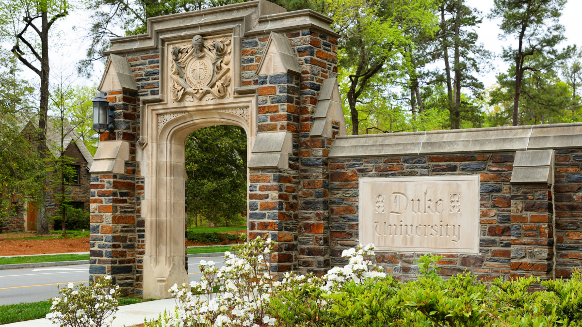 Entrance Sign of Duke University on campus of Duke University in Durham, North Carolina, Duke is a private top ranked research university in NC.