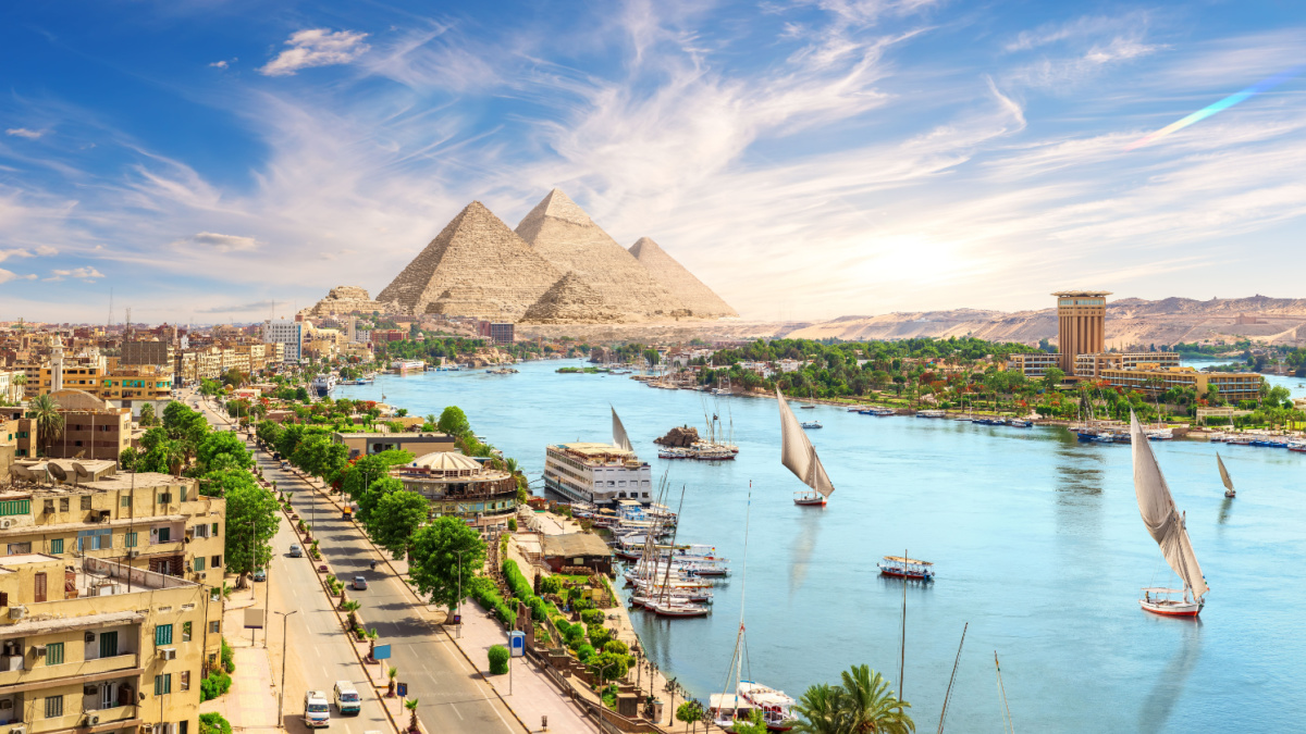 Pyramid Complex in Aswan city by the Nile, aerial view, Egypt