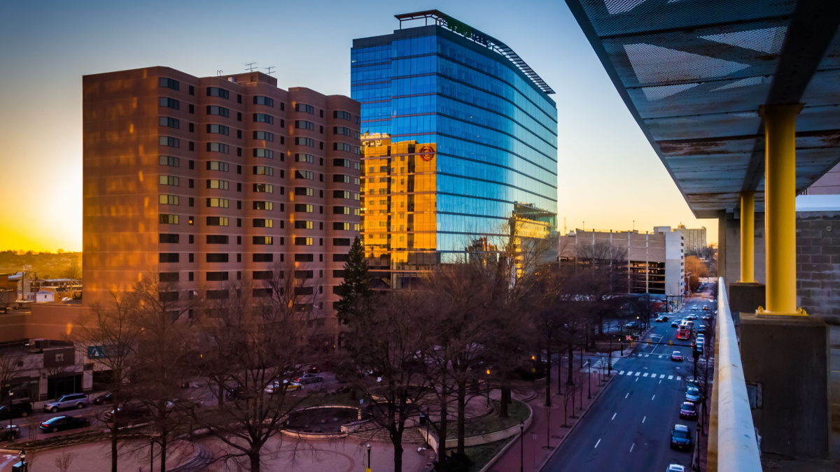 View of buildings along 11th Street at sunset in downtown Wilmington, Delaware, from the City Center Parking Garage.