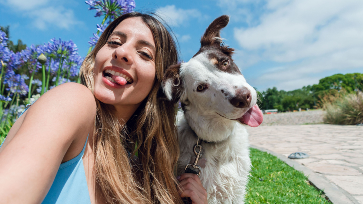 Selfie portrait of young Colombian Latina woman, with her border collie dog, in the park sticking out her tongue and looking at the camera, with the sky and trees in the background, phone perspective.