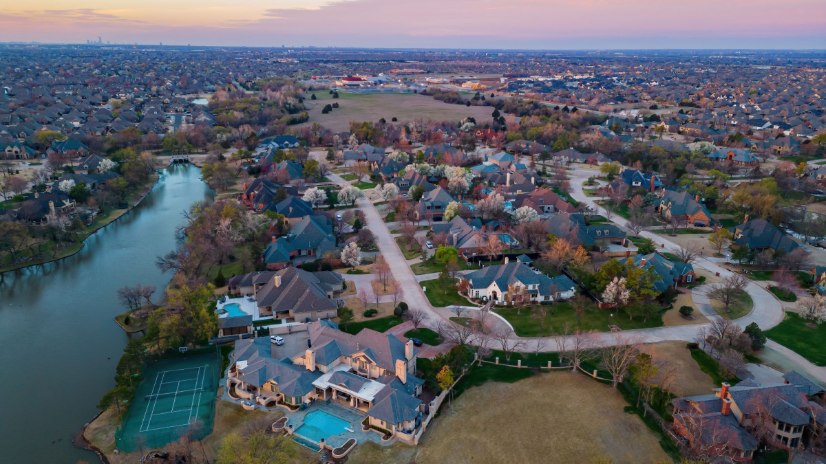Aerial view of the beautiful sunrise landscape over Edmond area at Oklahoma.