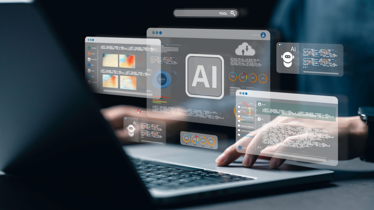 man using the website or software technology AI to help and support work for chatbot, chat ai, generate image, write code, and data analysis using technology smart robot AI.