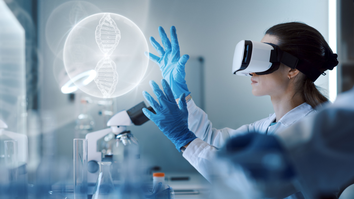 Scientist wearing a VR headset and interacting with virtual reality in the science lab