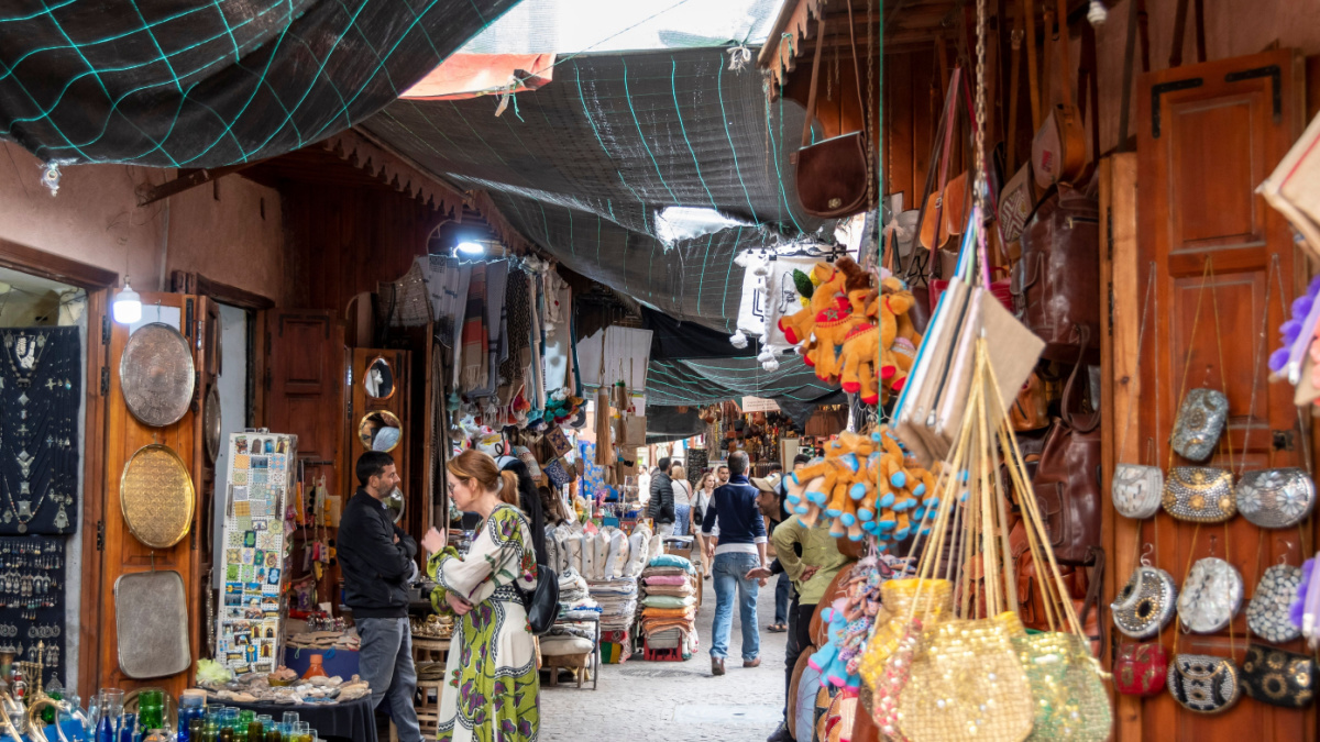 Marrakesh, Morocco - may 18, 2023: view of the streets of the bustling souk of Marrakech, with quaint but touristy Moroccan souvenir shops.