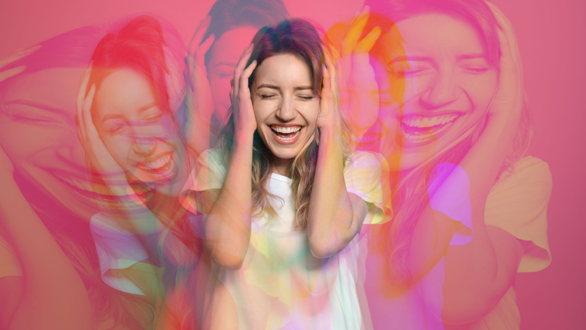 Psychedelic hallucinations. Woman in altered state of mind on pink background, glitch effect.