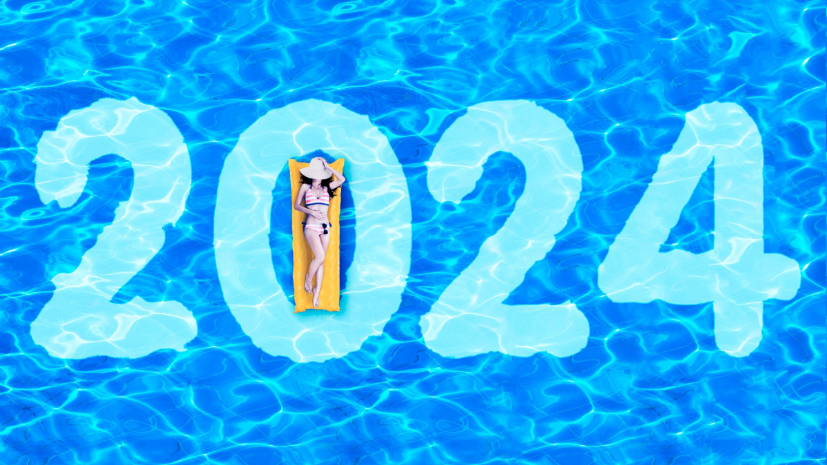 Top view of young woman in bikini lying on the inflatable float with 2024 number in the swimming pool.