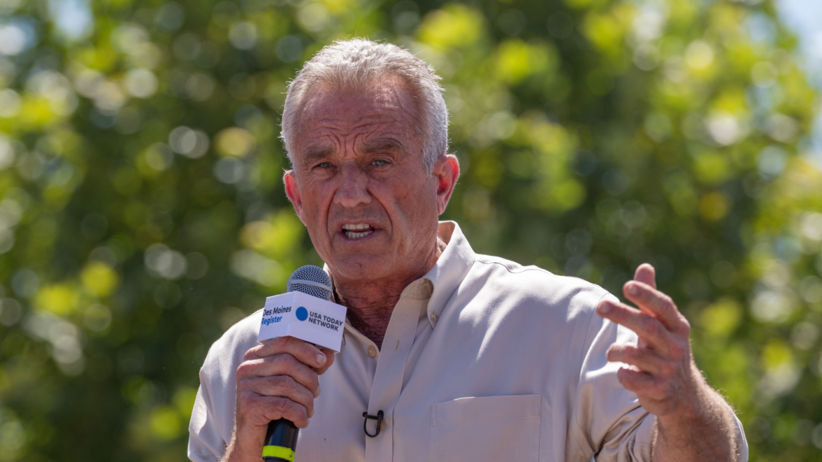 Author and Democratic presidential candidate Robert F. Kennedy Jr. greets supporters at the Iowa State Fair political soapbox in Des Moines, Iowa.