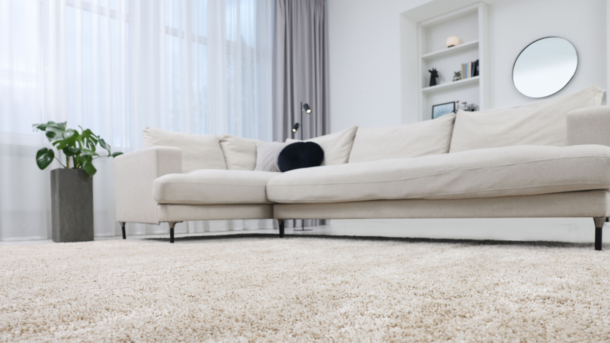 Fluffy carpet and stylish furniture on floor indoors, low angle view