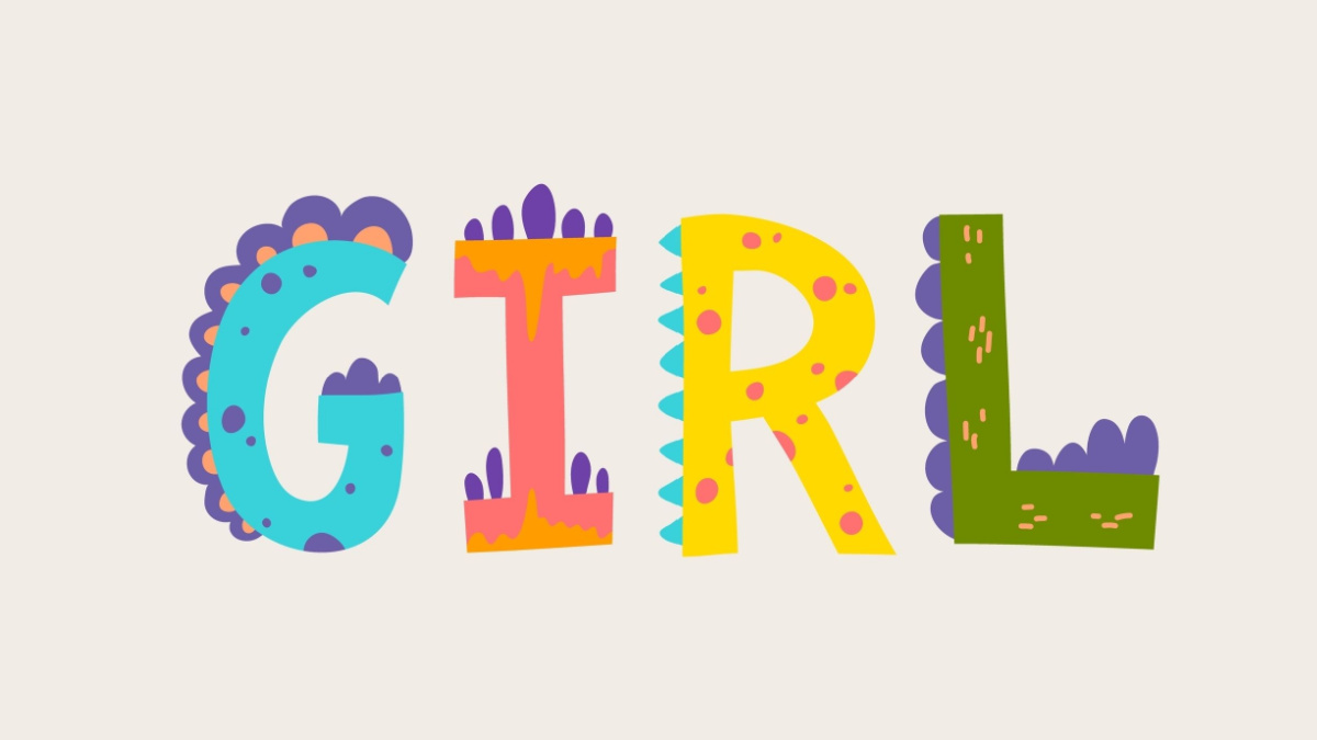 Cartoon Color Girl Word Comic Dino Alphabet Flat Design Style.