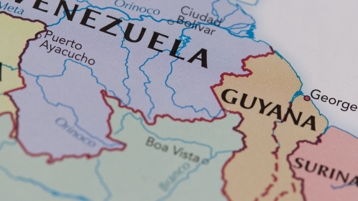 Venezuela and Guyana on political map, selective focus on countries' border, Venezuela, December 8, 2023