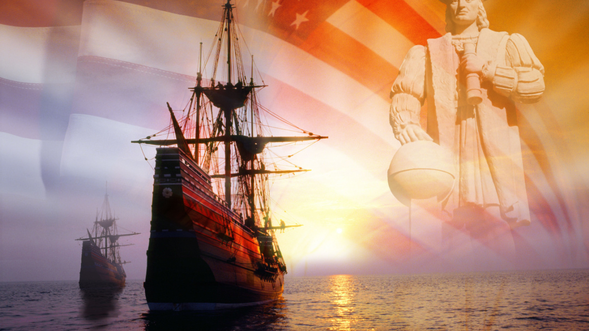 Christopher Columbus, American flag, sailing ships