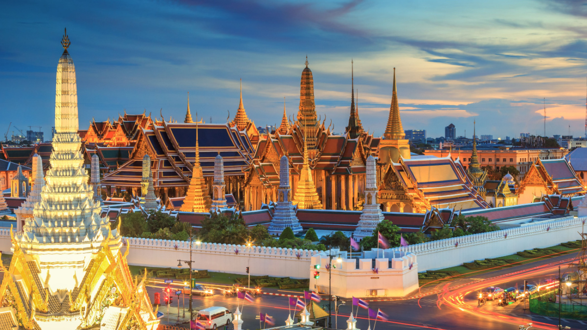 Grand palace and Wat phra keaw at sunset Bangkok, Thailand. Beautiful Landmark of Asia. Temple of the Emerald Buddha. landscape of the capital city. view of thailand