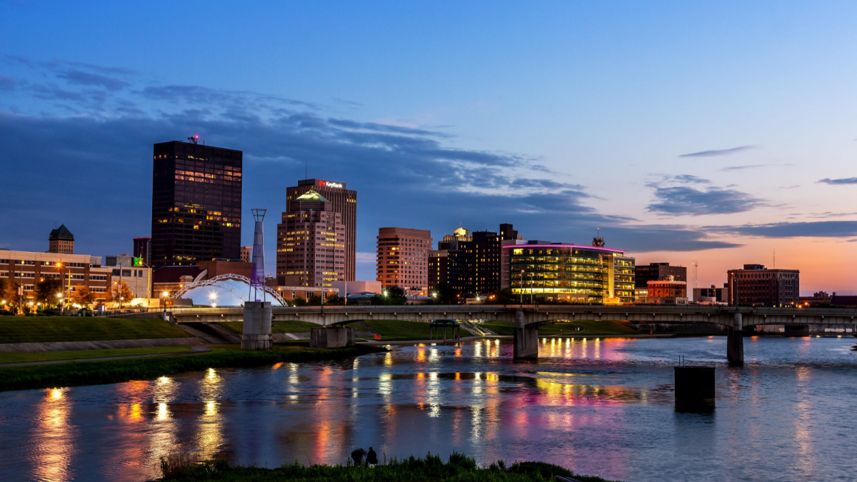 DAYTON, OHIO - 11 JUNE, 2013: A view of the skyline of Dayton, Ohio at sunset.