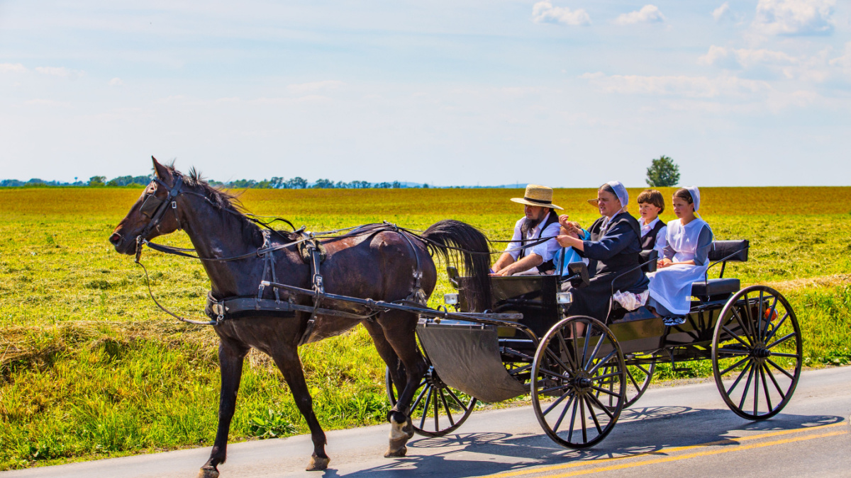 An Old Order Amish family ride in an open wagon in Lancaster County, Pennsylvania.