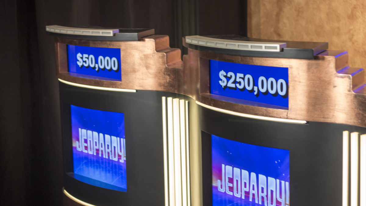 Jeopardy podiums on December 28, 2015 in Culver City. Jeopardy is a popular game show in America.