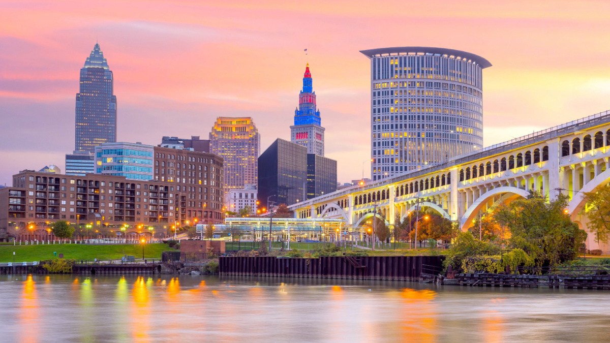 View of downtown Cleveland skyline in Ohio USA at twilight.