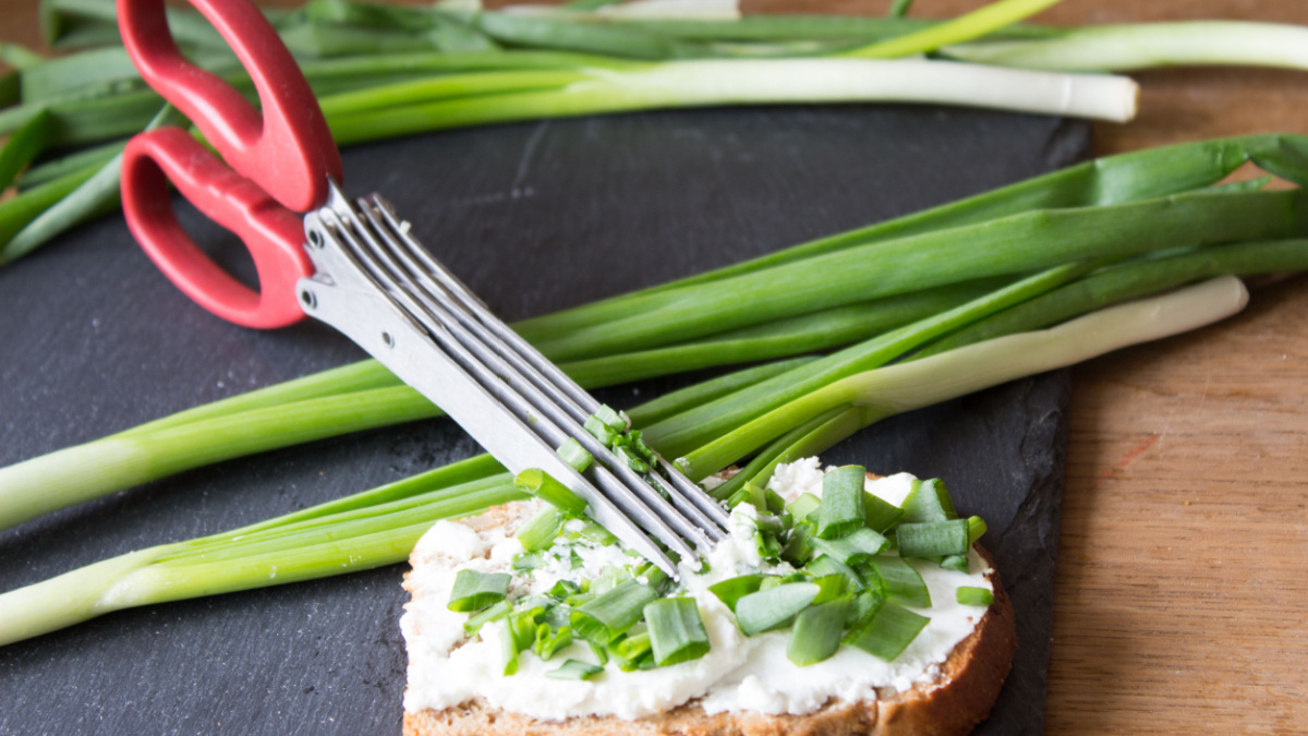 Special herb scissors with multiple blades. Green onions cut into special scissors.
