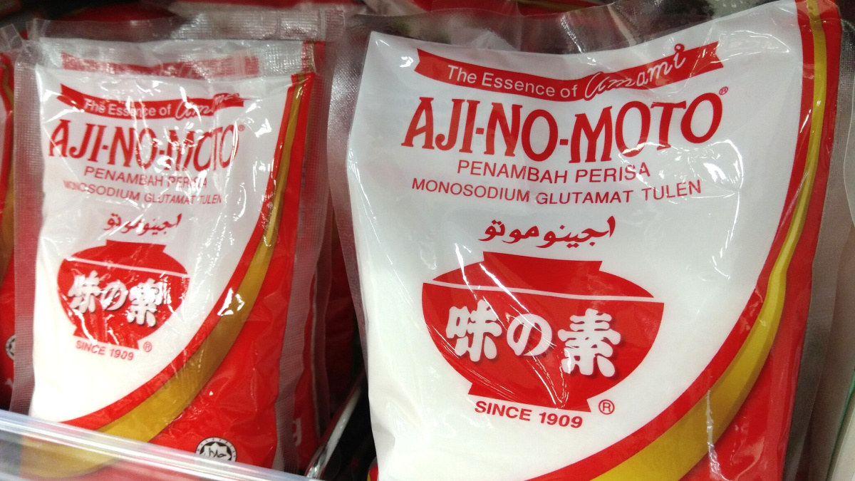 Ajinomoto food seasoning on store shelf. Ajinomoto is the trade name for the company’s original monosodium glutamate (MSG) product.