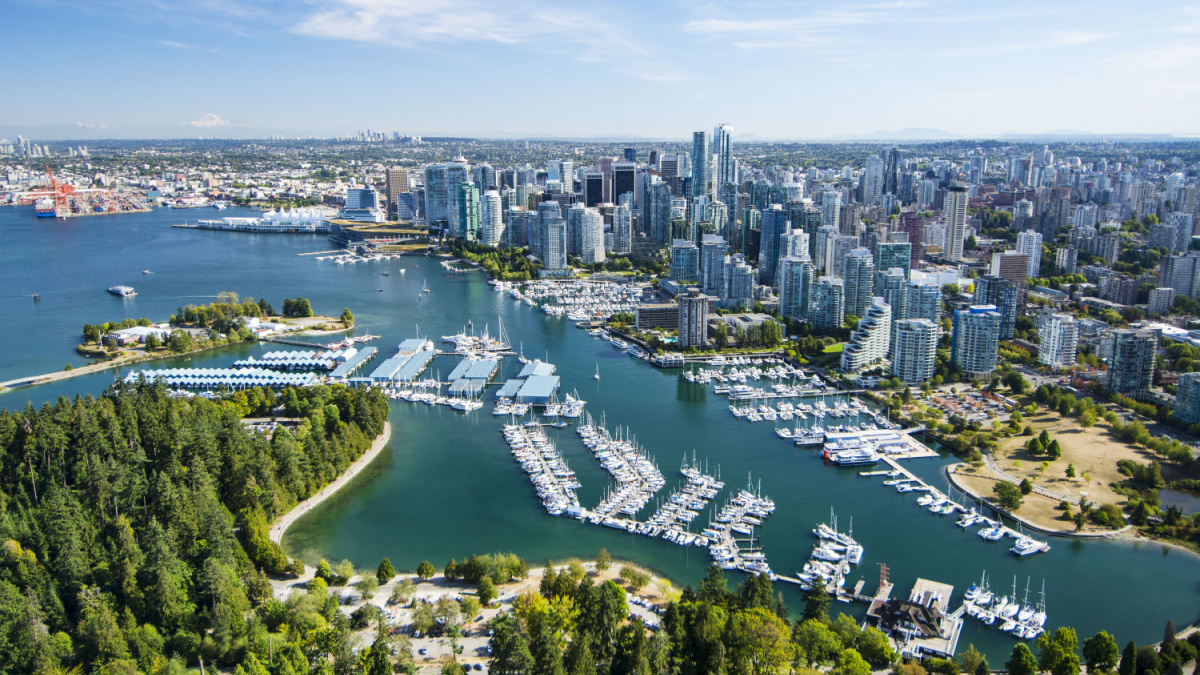 Aerial image of Stanley Park, Coal Harbor and Vancouver, BC, Canada