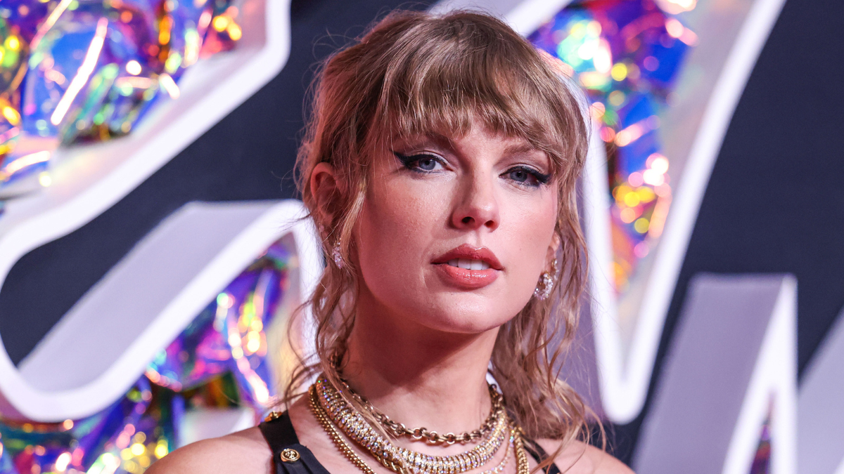 American singer-songwriter Taylor Swift wearing a Versace dress arrives at the 2023 MTV Video Music Awards held at the Prudential Center on September 12, 2023 in Newark, New Jersey, United States.