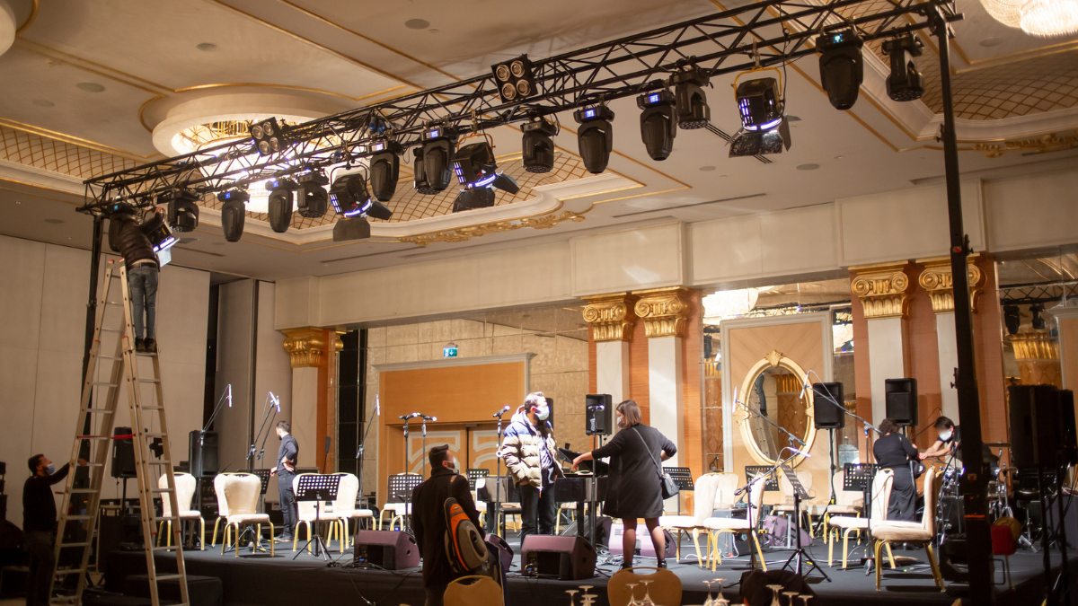 New Remove BG Save Share Sample New Party show live music stage set up with truss, sound and light.