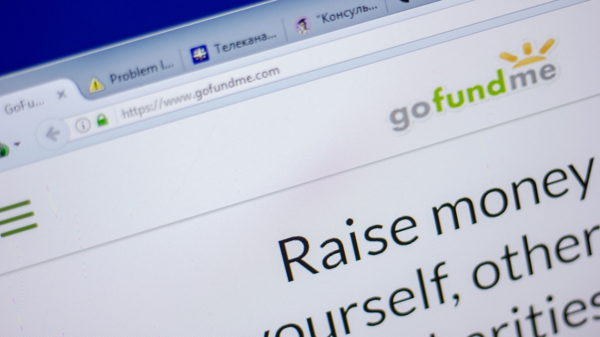 : Homepage of GoFundMe website on the display of PC, url - GoFundMe.com.