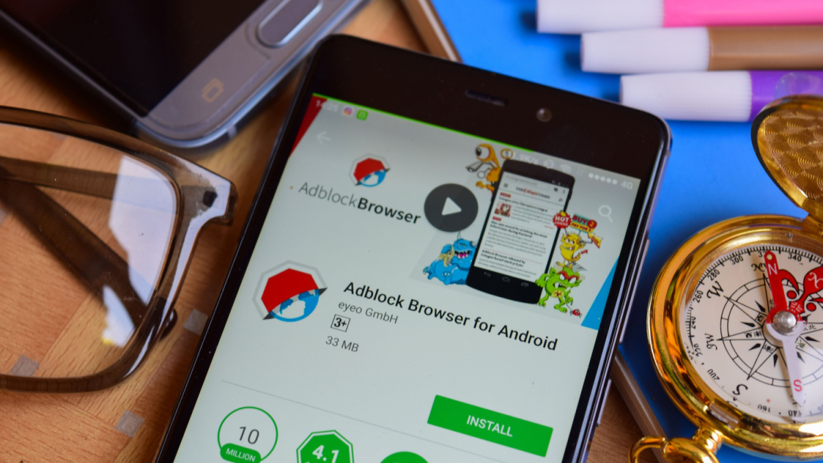 Adblock Browser for Anrdroid dev app on Smartphone screen. Adblock Browser is a freeware web browser developed by eyeo GmbH