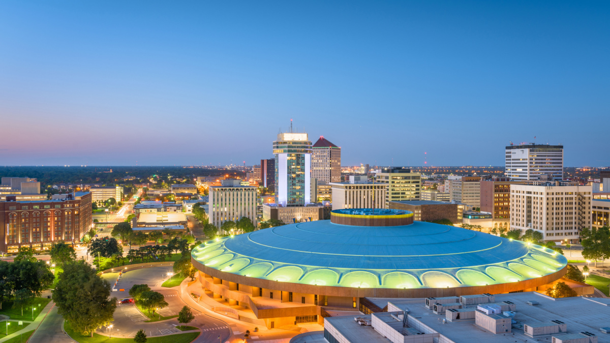Wichita, Kansas, USA downtown skyline at dusk.